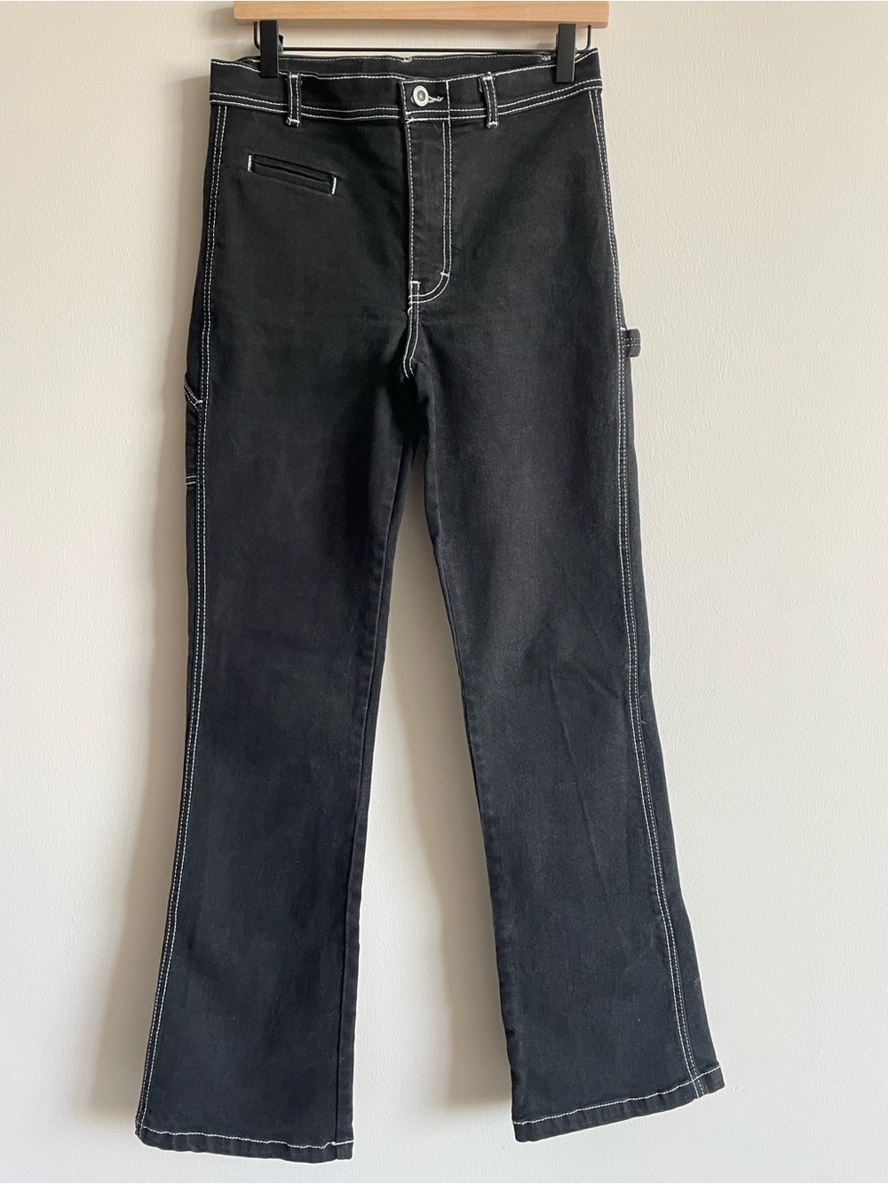 Vintage y2k style highrise black denim white contrast stitch flare bootcut jeans